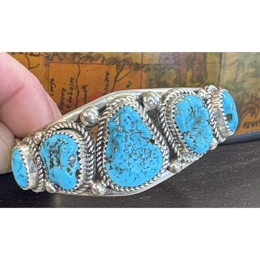 Vintage Native American Navajo Kingman Turquoise Silver Cuff Bracelet 43g - Picture 1 of 9